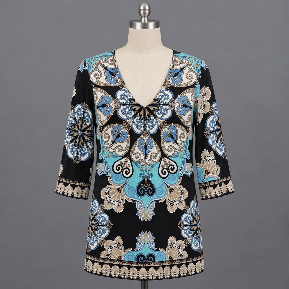 Soft Surroundings Tunic Top Women's M Black Blue Paisley Stretch 3/4 Sleeve Boho